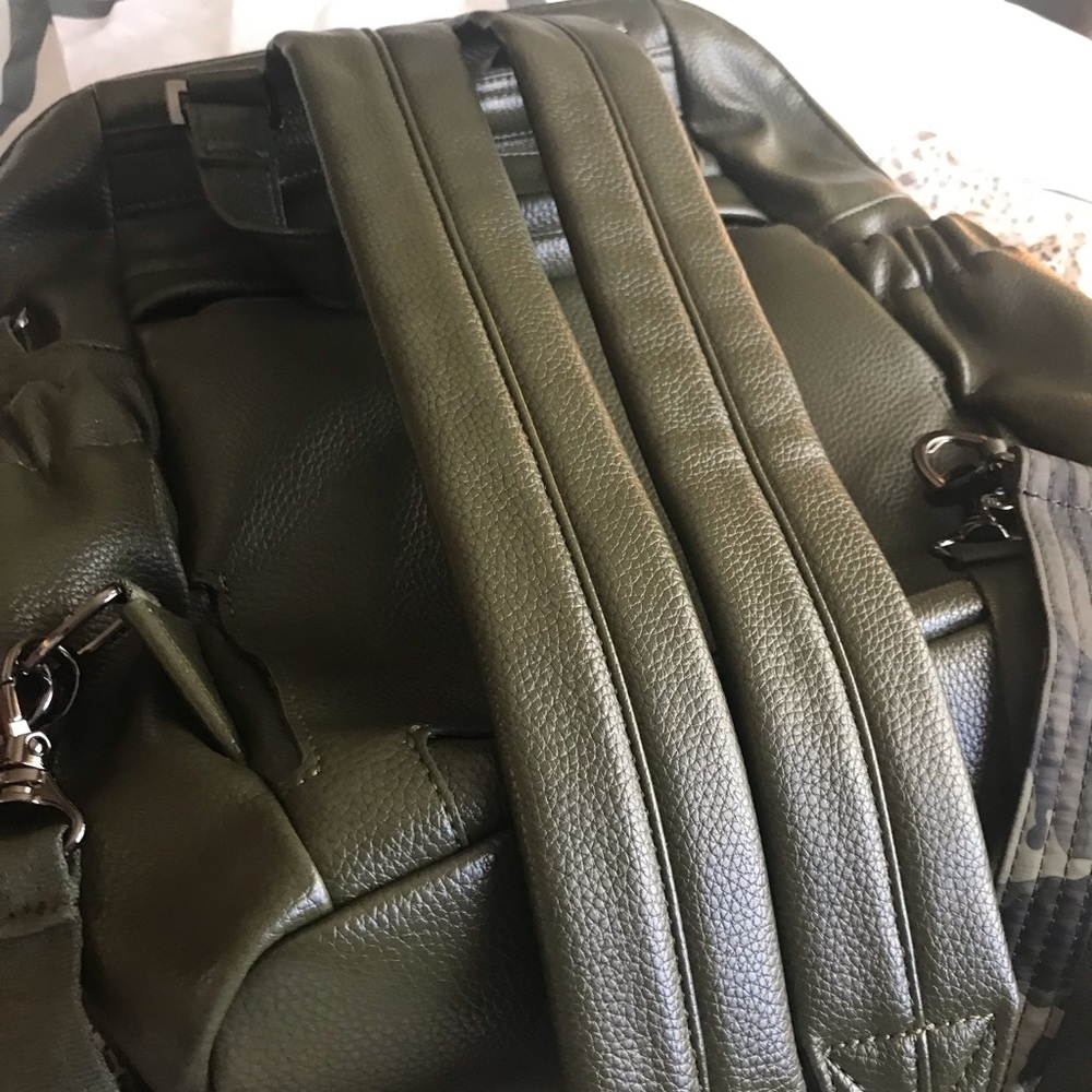 Lug faux vegan leather purse (gold) and olive green backpack
